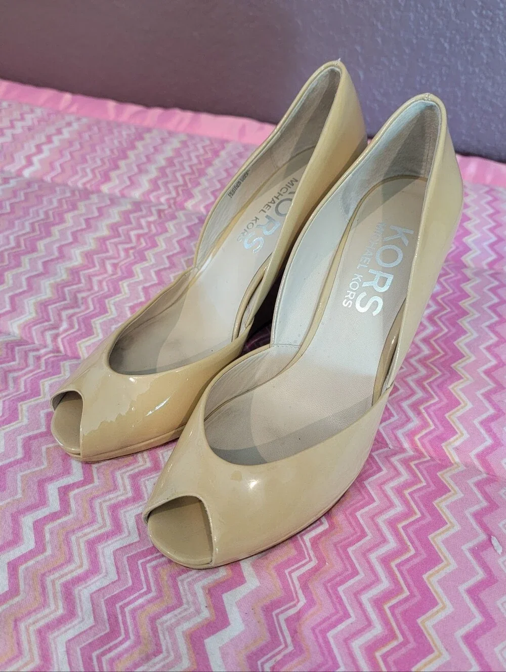 Michael Kors Nude Patent Leather Peep Toe Wedge Heels 8M